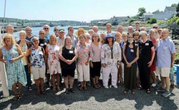 Boothbay Region High School Class of 1972 at their 50th reunion at Brady’s restaurant Aug. 6. Pictured from left are, front row: Jayne Zeamer, Merlene Stevens Mayfield, Sarah Roberts Laurie, Juanita Brewer Kristoff, Tracey Hodgdon Hyson, Beverly Giles McFarland, Marguerite Ridgway, Marsha Callnan Brown, Sandra Perkins, Brad Morrison; middle row: Marge Brewer Kilkelly, Bill Lewis, Steve Perkins, Linda Barter Cusumano, Gale Hyson Hodgdon, Nancy Harriman, Brenda Giles Hyson, Mary Alley Coventry, Ruth Day Jackimovicz, Elizabeth Farrin Whittaker, Jeff Brown; back row: Bill Logan, Kerry Smalley, Douglas Hathaway, Steve Barter, Gary Arsenault, Holly Tupper, Larry Knapp, Mike Schmidtmann, David Tompkins, Bruce Burnham, Craig Andrews, Jim Jones, Bradley Simmons. Missing from group photo: Candice Stover Dorman. Please see separate photo of her. Leisha MacDougall photo