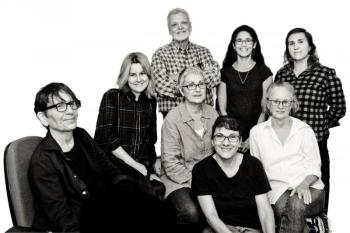 “Collective Imagination,” an exhibit that includes abstract paintings by the SEVEN collective, at the Maine Art Gallery in Wiscasset. From left: Back row: Michel Droge, Emily Blaschke, Don Peterson, Celeste June Henriquez, Alicia Etheridge. Middle row: Doreen Nardone, Brenda Overstrom. Front center: Jenny Campbell. Courtesy of the venue