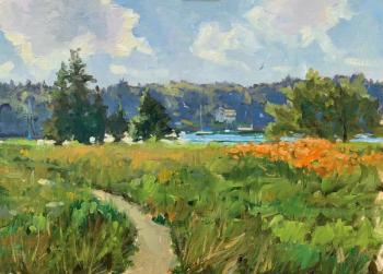 “Meadow Flowers” (12” x 16” oil) are part of artist Brad Bett’s series of paintings on scene (en plein air) at Oak Point Farm currently on display in the farmhouse gallery room. Betts is donating 20% of all sales from this exhibit to Boothbay Region Land Trust.