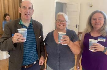 Edgecomb Selectman Dawn Murray, right, joins residents George Malone, left, and Deb Eaton in raising a coffee cheers to the town’s third “Meet and Greet,” held in the town hall on Aug. 19. BILL PEARSON/Boothbay Register