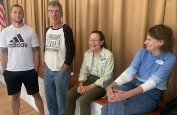 It was a time for new and old Edgecomb residents to reacquaint themselves Aug. 19 at the third “Meet and Greet” event held at the town hall. Pictured, from left, are Jack Smith, Mike Smith, Janet Blevins and Karen Greene. BILL PEARSON/Boothbay Register