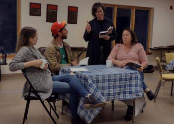 LCCT actors Nannette Henning Fraser, Soren Barker, Carole Florman and Jennifer True rehearse a scene from “Halfway There,” a play set in Rangely. Opening night is Friday, Nov. 18! Courtesy of the Lincoln Theater