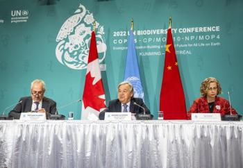 UN officials are pressing world leaders to negotiate ambitious new goals to reverse the declines in biodiversity in Montreal. Photo by UN Biodiversity - 22dec07-COP15-Sec-Gen-Media-3206, CC BY 2.0, #bird-column, #Jeff and Allison Wells, #boothbay register, #maine,, #birds, #COP15