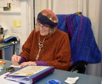 June Rose working at the gallery. LISA KRISTOFF/Boothbay Register