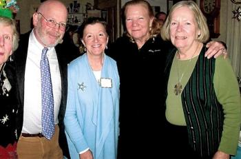 Pictured at the Boothbay Harbor Yacht Club gathering at the East Boothbay home of Howard and Dee Wright are, from left, part of Dee Wright, Spencer Gray, wife Elizabeth, Commodore's wife, Ella Long and PC Marianne Reynolds. Howard Wright photo