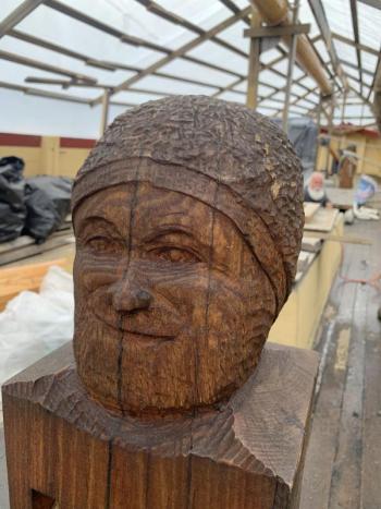 One of the knight heads Bristol’s Fred Gosbee made in fellow volunteers’ likenesses. SUSAN JOHNS/Wiscasset Newspaper