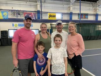 Three generations play at the Family Pickleball and Tennis Mashup on March 12. From left are Tim Pinkham, Graham Pinkham, Alexandra Tindal Pinkham, Bruce Tindal, Henry Pinkham and Nancy Tindal. Courtesy of Allyson Goodwin