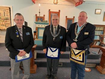 On Monday, April 3, Right Worshipful Mike Alley DDGM 10th Masonic District, on behalf of Seaside Lodge #144, presented Past Master Arthur Richardson with a 5-year star to be pinned on his 50-year Masonic medal. This indicated 55 years of service to the Masonic craft. Masonic brethren everywhere congratulate Worshipful Brother Richardson on his long and dedicated involvement in the Lodge. Pictured from left are Past Master Arthur Richardson, Worshipful Master Bob Raudenbush and Right Worshipful Mike Alley. Courtesy photo