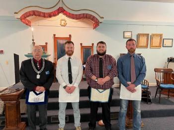 Pictured from left are Worship Master Bob Raudenbush (Seaside Lodge) Brother Aaron Dickinson, Worshipful Master Hayden Alley (Bayview Lodge) and Brother Erik Ward. Courtesy photo