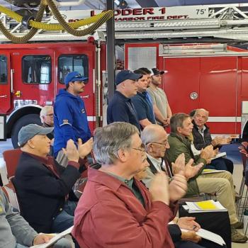 Members of Boothbay Harbor Fire Department receive applause after winning the Spirit of America award. FRITZ FREUDENBERGER/Boothbay Register