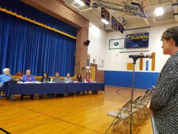 Tricia Warren speaks to the CSD school board and superintendent. FRITZ FREUDENBERGER/Boothbay Register