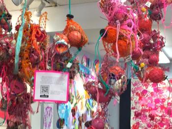 Bait bags students created in collaboration with guest artist Pamela Moulton are filled with ghost gear and oyster shells. LISA KRISTOFF/Boothbay Register