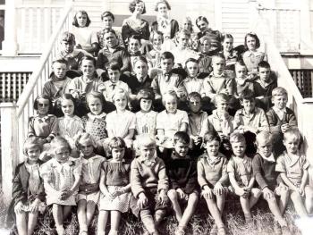 Jean Luther Thompson at Southport Central School circa 1936. Second row down from the top, right side with braids. Courtesy of Hendricks Hill Museum.