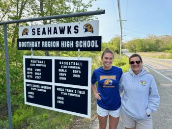 Faith Blethen, left, member of the 2019 championship basketball team, and her mother Lesley Blethen, a member of the 1984 championship basketball team. Courtesy photo