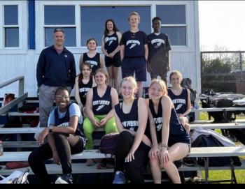 Some of the BRMS athletes competing in the championship meet with assistant coach John Gosselin. From left, back row: Coach Gosselin, Jessica Raburn, Jackson Zehm, Skyler Spofford, Caleb Bates, Aron Geddes; front row: Nerla Laventure, Addie Barter, Alana LaCourse, Olivia Rittall and Gabrielle Cassidy. Mary Baudo photo