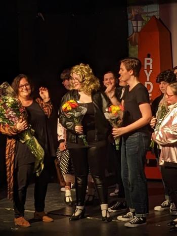 An emotional curtain call for seniors Rachel Barter, left, Grace Campbell, right, and Dr. Miller. CANDI JONETH/Boothbay Register