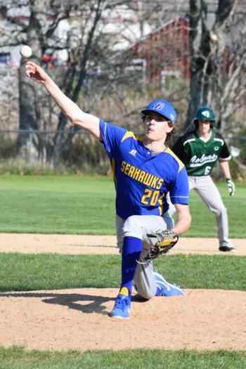 Finn Harkins, Seahawk player of the game, makes a pitch against the Cobras. FRITZ FREUDENBERGER/Boothbay Register