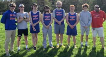 Boothbay/Wiscasset Track and Field Boys’ seniors participated in their final home meet May 9. The Sea Wolves won the the Mountain Valley Conference event held in Wiscasset. Pictured, from left, Coach Nick Scott, Payton Blagdon, Nate Benoit, Bryan Gagnon, Cecil Clifford, Kayden Ames, Ryan Clark and Coach Josiah Winchenbach. BILL PEARSON/Boothbay Register