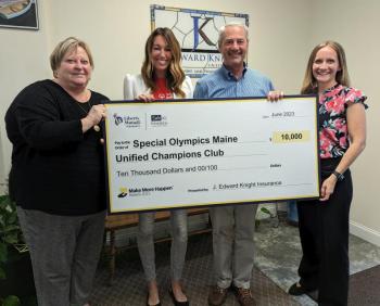 Special Olympics Maine Unified Champion Club was awarded a $10,000 donation from J. Edward Knight through the 2023 Liberty Mutual® and Safeco Insurance® Make More Happen Awards program. Pictured from left are: Stephanie Davis, Safeco Insurance Senior Territory Manager; Sawyer Boulette, Special Olympics Maine Unified Champion Clubs Director; Robert Wheeler, J. Edward Knight Insurance President and Sarah Toomey, Liberty Mutual Senior Territory Manager. Courtesy photo
