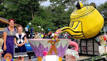 New Harbor’s April Morrison and Sophie Yates-Paul on April’s “Tea Time” float in Olde Bristol Days Parade. OBD organizers invite organizations and floats to join this year’s parade on Saturday morning, Aug. 12 in Bristol. Courtesy of Jeff Friedman