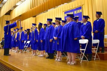 Seniors gather on stage for the annual Awards Night at BRHS June 7. FRITZ FREUDENBERGER/Boothbay Register