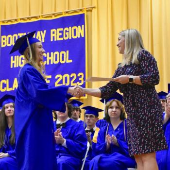 Meghan Leeman receives an award from Leanne Burnham. FRITZ FREUDENBERGER/Boothbay Register