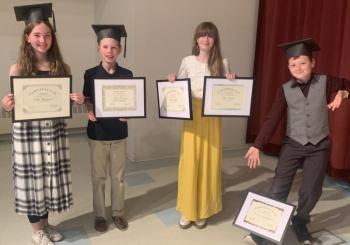 These Edgecomb Eddy School sixth grade graduates were honored with achievement awards during the June 22 graduation. Pictured, from left, are Stella Chapman, Academics; John Cooper, Sara Leone Citizenship; Olive Tomko, Academics and Art, Carson MacKusick, Music. BILL PEARSON/Boothbay Register