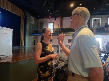 Victoria Browning Wyeth speaks with guests after her lecture, “I Paint My Life,” about her grandfather, Andrew Wyeth. ISABELLE CURTIS/Boothbay Register