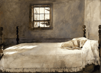 “Master Bedroom” (1965). Victoria Browning Wyeth did not understand this one as a child, but now with her own dogs appreciates it in a different way. As Andrew said, “Dogs smile when they sleep.”