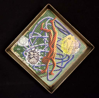 “Genderon Recipes” - 9” x 9” tin pan by Mathew O’Donnell - on exhibit in the Carey Gallery at Skidompha library in Damariscotta. Courtesy of the artist Mathew O’Donnell