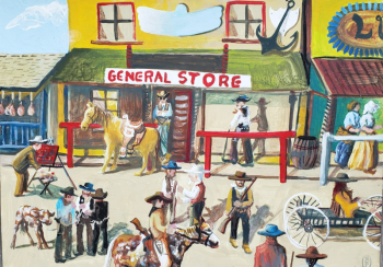 “Men and their guns” by Mathew O’Donnell, a gouache on board, 11.5” x 2” now on exhibit in the Carey Gallery at Skidompha library. Courtesy of the artist Mathew O’Donnell