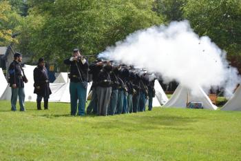The Third Maine Infantry Company A practices musket drills at Boothbay Railway Village Museum Aug. 26. FRITZ FREUDENBERGER/Boothbay Register