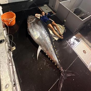 Boothbay Harbor Tuna Challenge organizer Jax van der Veen poses with the winning tuna aboard the Redemption. Courtesy of Jax van der Veen