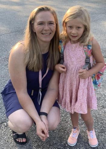 Kindergartner Eloise Hawke arrived by bus for the first day of school on Sept. 5 at Southport Central School. She is greeted by teacher Nikki Tibbetts. BILL PEARSON/Boothbay Register