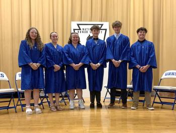 These current members of the National Honor Society conducted the Sept. 14 induction ceremony. Pictured from left are seniors Suzannah Edwards, Sarah Kreft, Margret Sledge, Colby Allen, Adam Finn Harkins and Duncan Hardwick. STEVE EDWARDS/Boothbay Register