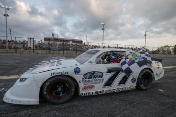 Reed Reno stops on the front stretch after picking up his first career win at the speedway. Courtesy of Steve Girard/SGirardPhotography