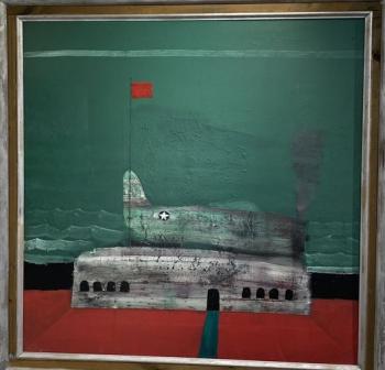 The airplane that often appears in Robert Hamilton’s work represents the P47 bomber that he flew in WWII. He received the distinguished Flying Cross for flying over 100 missions. See this piece and more at Studio 53. Courtesy of the venue Robert Hamilton