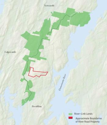 A rough approximation of the new property boundaries in relation to currently conserved property within the River~Link conservation focus area. Courtesy of BRLT