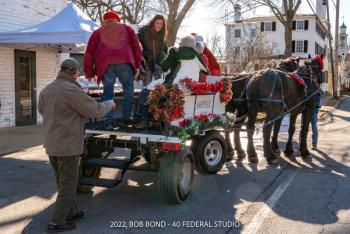 Woodfield Wagon, getting on board: Woodfield Farm’s horse and wagon returns to Wiscasset Holiday Marketfest 2023 to shuttle shoppers from place to place. This and other free activities are featured throughout the weekend, Dec. 1, 2, 3, from 10 a.m. to 5 p.m. each day. Bob Bond photo