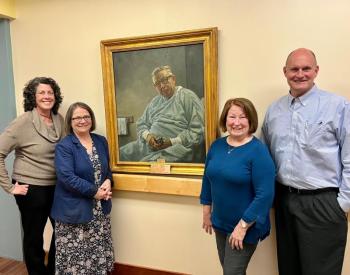 Painting of Dr. Phillip Gregory with, from left, Reven Oliver, LincolnHealth; Vicki Bell, employee hired by Dr. Phillip Gregory; Laura Zajdel, past president St. Andrews Auxiliary and Brooks Betts, LincolnHealth. Courtesy photo