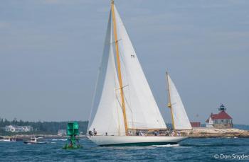 Black Watch sails past Cuckolds Lighthouse during the 49th Boothbay Harbor Yacht Club Regatta and Shipyard Cup Classics Challenge in 2023. Don Snyder photo