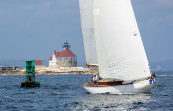 A team sails past Cuckolds Lighthouse during the 49th Boothbay Harbor Yacht Club Regatta and Shipyard Cup Classics Challenge in 2023. Rod Harris Photography photo
