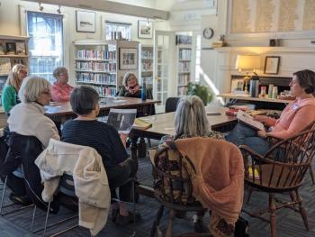 Larissa Picard of Maine Humanities Council facilitates a discussion of “We” by Yevgeny Zamyatin, et al. The discussion highlighted the parallels between the book’s dystopia and modern day Russia and North Korea. CANDI JONETH/Boothbay Register