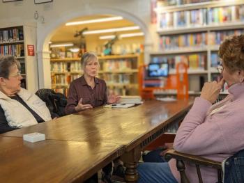 Leslie Muir-Volpe leads a discussion of “Madam Secretary” by Madeleine Albright in BHML’s Monday Night Book Club. CANDI JONETH/Boothbay Register