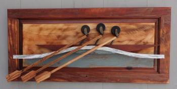 André Benoit’s “Atop A Rogue Swell” is among his work in the second month of his assemblage/mixed media art at Southport Memorial Library. André Benoit