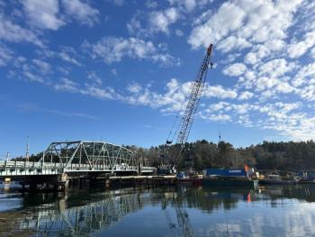 The Southport Bridge south side. The barge has been present throughout the winter as a staging platform for the crane and workers. JENNY BENNETT/Boothbay Register