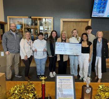 Pictured from left are: Adam Climo of First National Bank, Aminda LaBrecque of the BRHS Health Center, Christina Lorrain of BRHS, senior Meg Sledge, BRHS Principal Dr. Tricia Campbell, senior Charlotte Fuchswanz, senior Ariel Alamo, BRHS student body president Colby Allen and Alyssa Allen of First National Bank. Courtesy photo