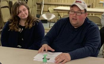 Scott Boucher, left, and Aaliyah Higgins discussed their new business April 12 featuring beverages and Maine-made products to the Edgecomb Planning Board. BILL PEARSON/Boothbay Register