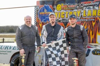 Late Model Victory Lane, from left: Shane Clark, Frank Moulton and Brett Osmond. Jasen Dickey Photography