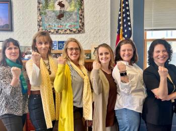FOV domestic abuse survivors met with District Attorneys Jackie Sartoris (Cumberland County) and Maeghan Maloney (Kennebec and Somerset counties) to discuss what needs to change in Maine’s criminal justice system. Pictured from left are DA Sartoris, Jeannine Lauber Oren, Patrisha McLean, Bethany, Jolene Miles, and DA Maloney. Courtesy of FOV
